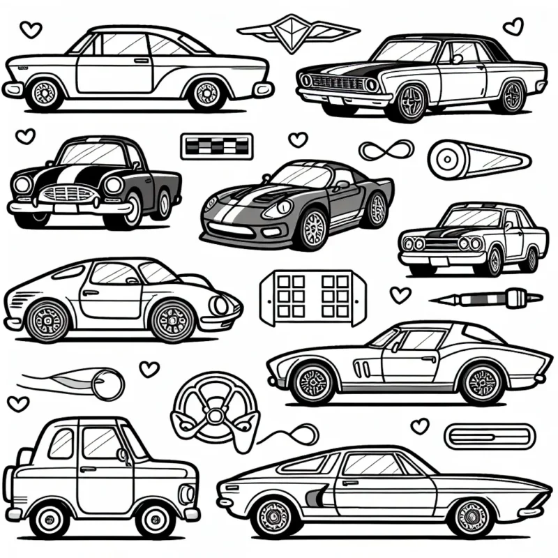 Dessine les voitures emblématiques de chaque marque en suivant les lignes et les formes spécifiques à chaque modèle. Tu peux utiliser tes couleurs préférées pour peindre chaque voiture. N'oublie pas de colorier le logo de chaque marque aussi !