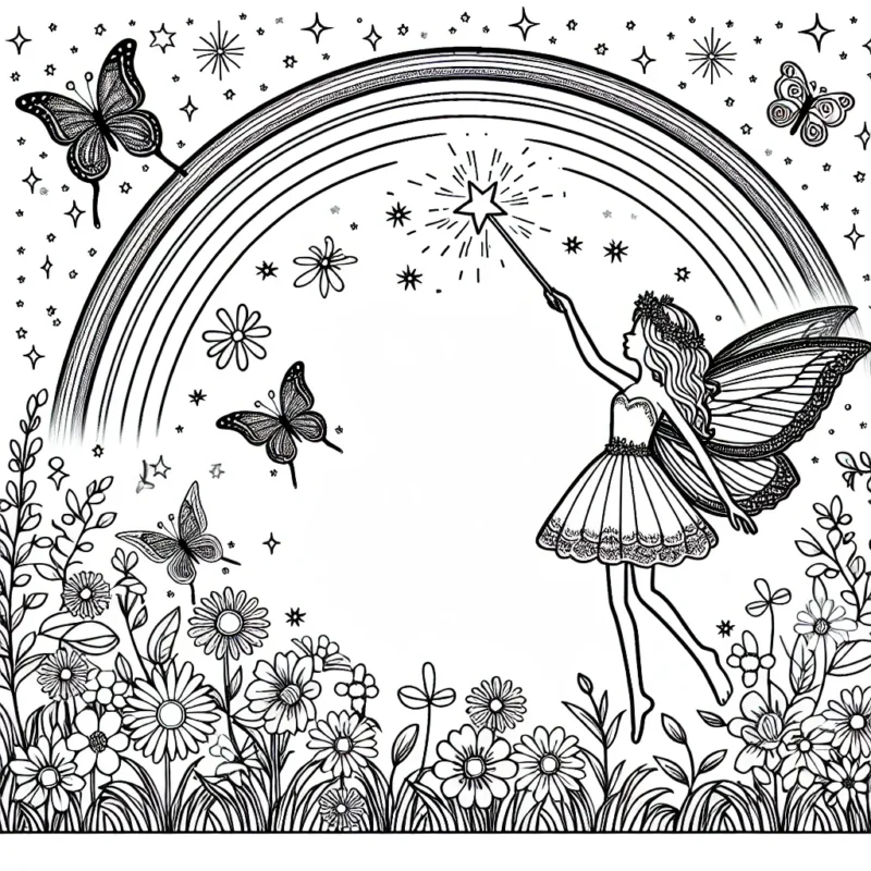 Une jolie fée avec sa baguette magique danse avec des papillons dans un champ de fleurs sous un arc-en-ciel