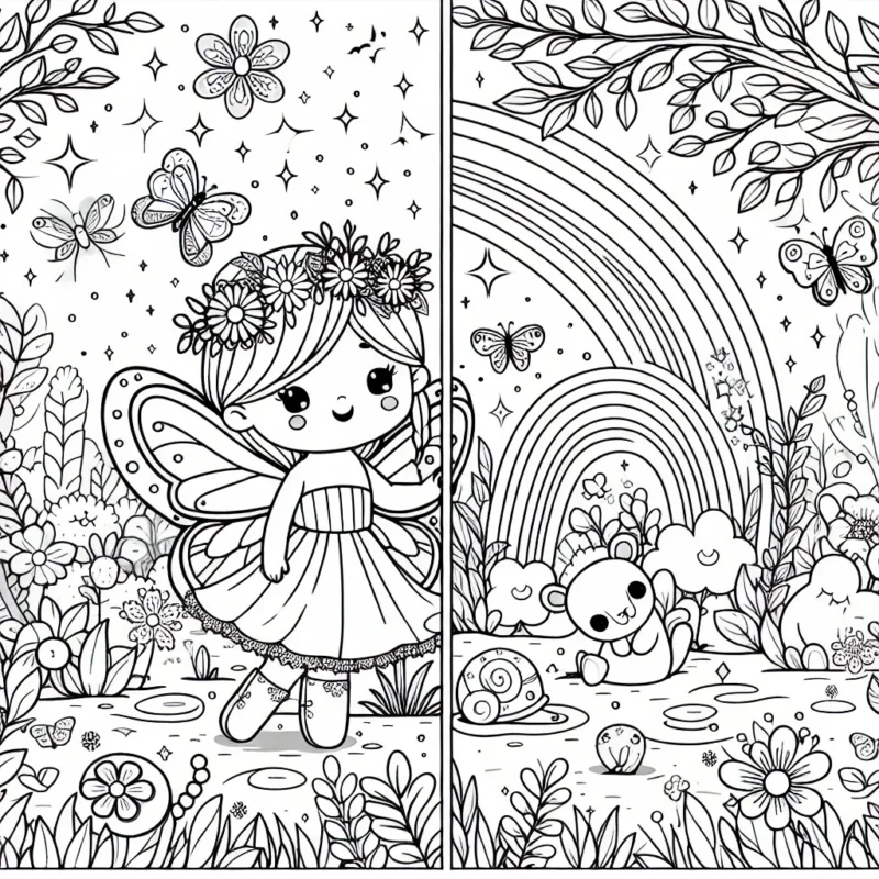 Une fée enchantée dans un jardin secret, parsemé de fleurs magiques, d'animaux mignons et d'arcs-en-ciel brillants