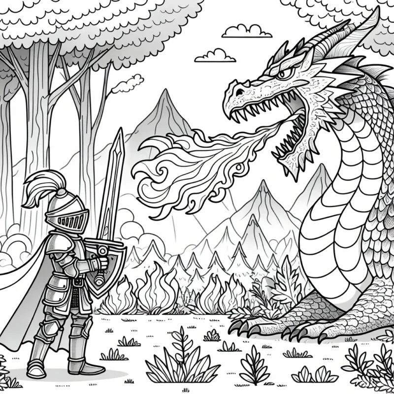 Un petit chevalier courageux face à un grand dragon qui crache du feu dans une forêt magique.