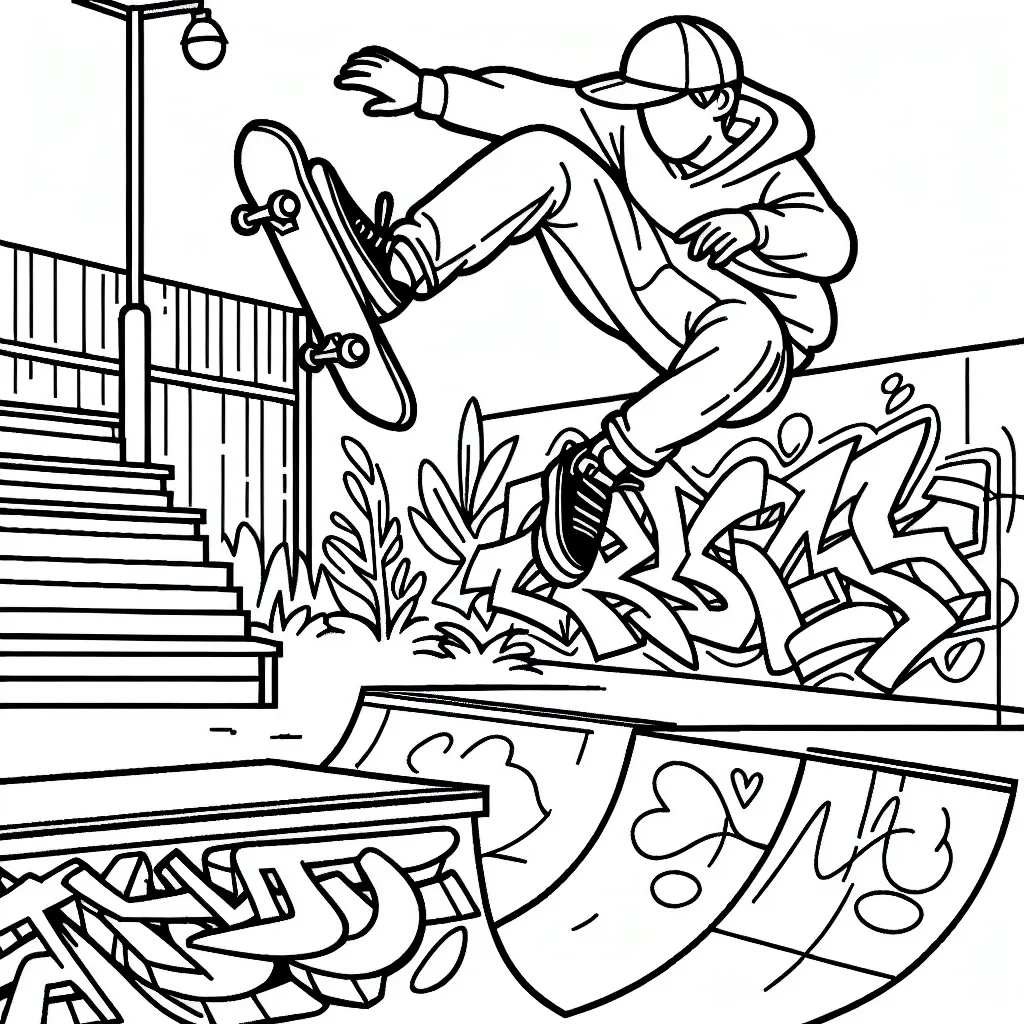 Dessine un skateboarder effectuant un flip audacieux dans un parc de skateboard urbain, avec des graffitis colorés en arrière-plan.