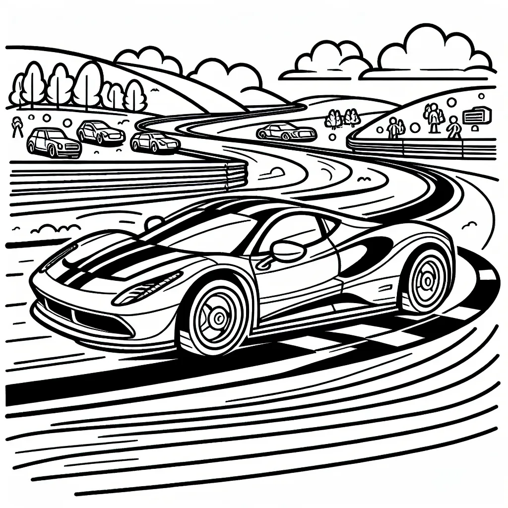 Dessine une charmante voiture de sport pouvant foncer à toute allure sur une piste de course longue et sinueuse. N'oublie pas d'ajouter à ton coloriage des détails comme le bruit des pneus qui crissent, les lignes vrombissantes du moteur et des spectateurs stupéfaits par la vitesse de la voiture.