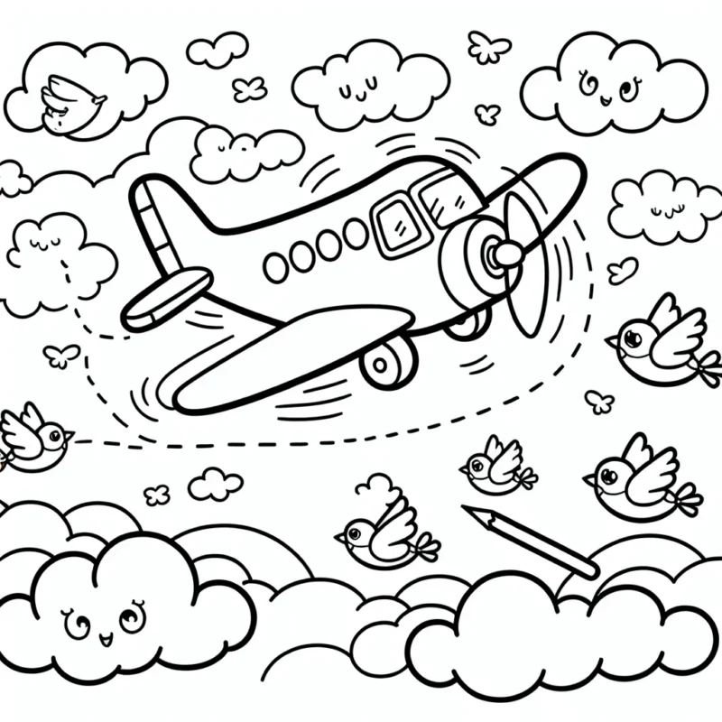 Illustration d'un avion en plein vol par-dessus les nuages et entouré d'oiseaux pour que les enfants le colorient