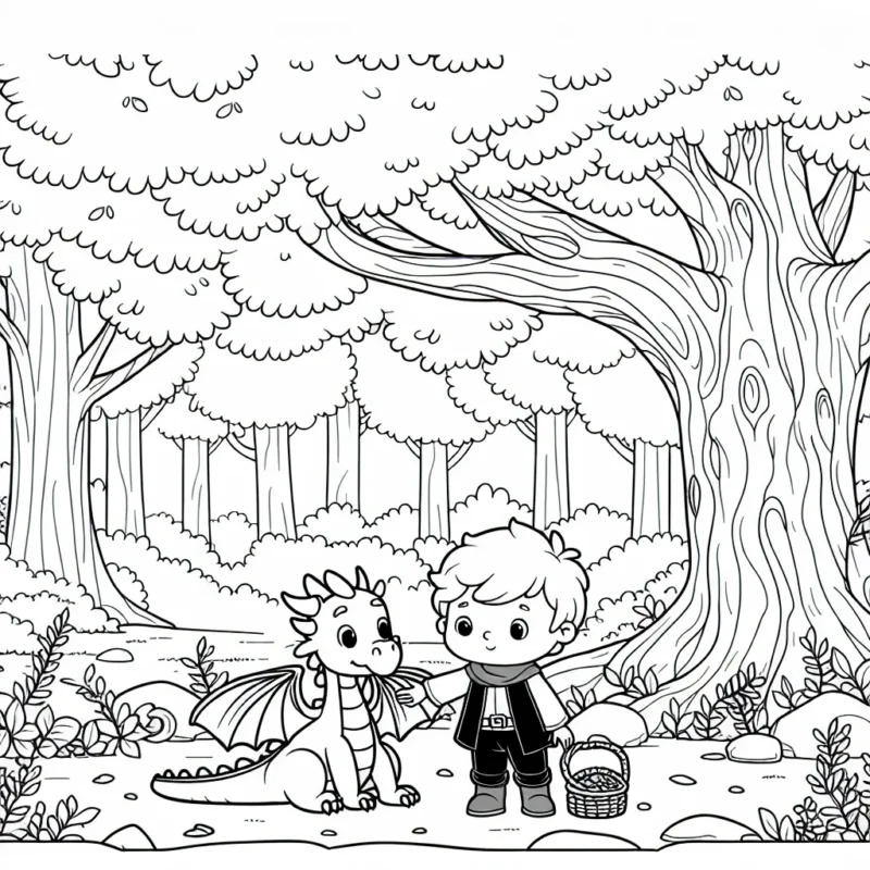 Un petit garçon avec son fidèle dragon joue sous un grand chêne dans la forêt enchantée