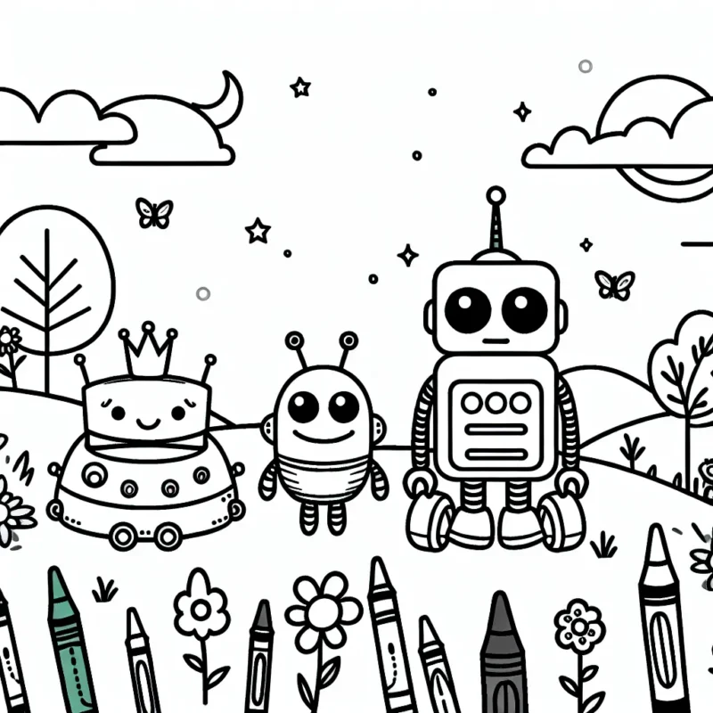 Il était une fois dans une contrée éloignée, trois petits robots très rigolos : un rouge, un bleu et un vert. Ils passent leurs journées à explorer les coins cachés de leurs jardins, cherchant toujours de nouvelles aventures. Aide-les à remplir leurs vies avec des couleurs en utilisant tes crayons.