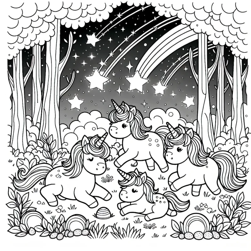 Un groupe fantastique de licornes jouent ensemble dans une forêt enchantée sous une pluie d'étoiles filantes.