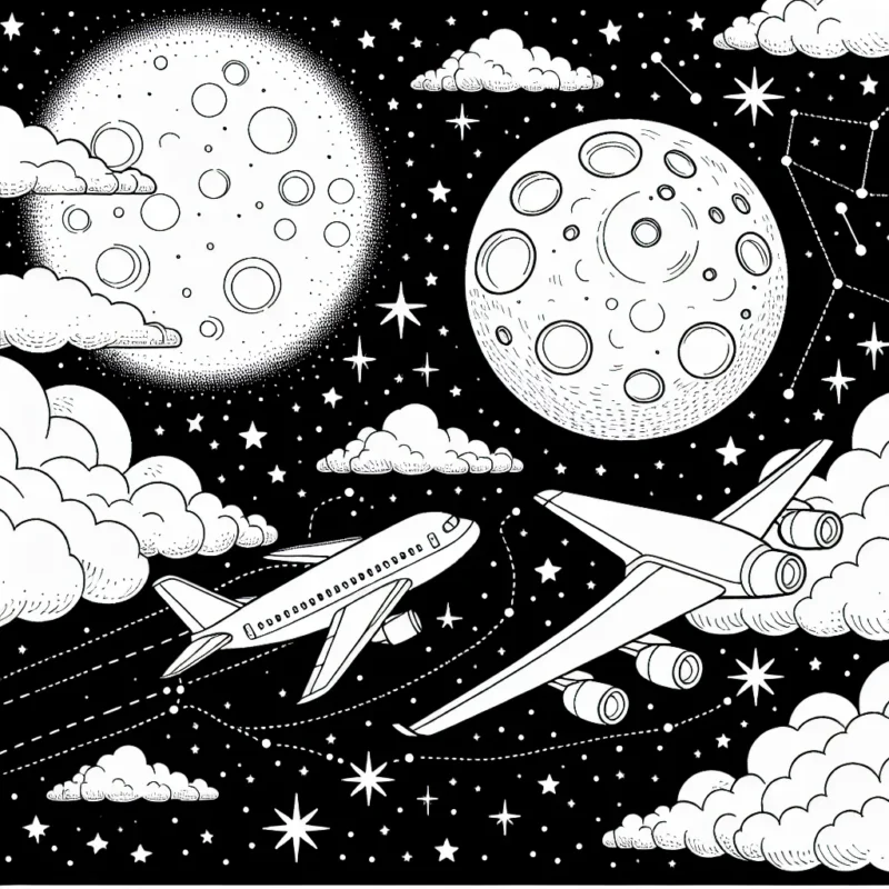 Un avion de voyage traversant le ciel étoilé souhaite être coloré. Il est encadré par une belle pleine lune brillante et des constellations scintillantes. De belles nuées de nuages l'environnent, ajoutant à la beauté de la scène nocturne.