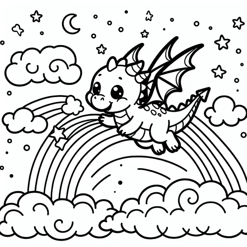 Le jeune dragon volant joue avec des nuages arc-en-ciel dans le ciel étoilé