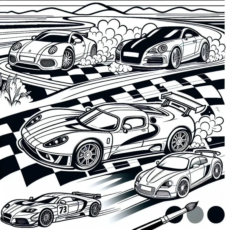 Dessine une scène de voitures de différentes marques en pleine course sur une piste de course animée. Les marques de voitures peuvent inclure: Ferrari, BMW, Audi, Porsche, et Mercedes-Benz.