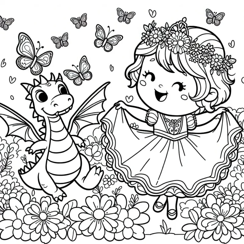 Dessine une princesse drôle dansant avec son fidèle dragon dans un jardin fleuri rempli de papillons colorés.
