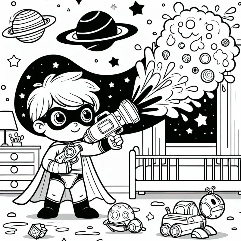Un petit garçon est en train de jouer au superhéros dans sa chambre. Il a mis une cape et un masque et il s'envole dans l'espace pour éteindre une énorme comète avec son pistolet à eau. Les jouets dans la chambre se transforment en divers objets spatiaux à colorier : planètes, étoiles, vaisseaux spatiaux etc.