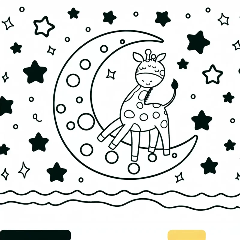La girafe qui danse sur une lune en forme de fromage gruyère avec des étoiles lumineuses.