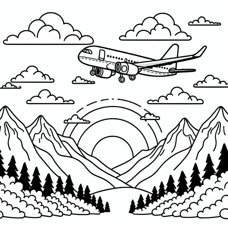 Un avion volant au-dessus des montagnes avec le soleil couchant en arrière-plan