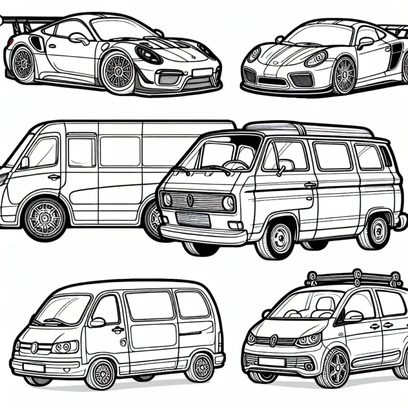 Sur cette page, vous trouverez des voitures de différents types. Il y a une voiture de course super rapide, une voiture vintage élégante, une grande camionnette pour les longs voyages et une petite voiture électrique respectueuse de l'environnement. Chaque voiture est prête à être colorée avec vos couleurs préférées.