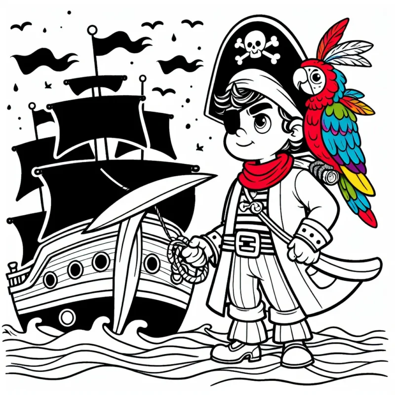 Imaginons un courageux pirate se préparant à monter à bord de son grand navire pour naviguer sur les mers tumultueuses à la recherche d'un trésor mystérieux. Il porte une écharpe rouge, une veste bleue et une épée brillante tandis que son inséparable perroquet multicolore se perche sur son épaule.