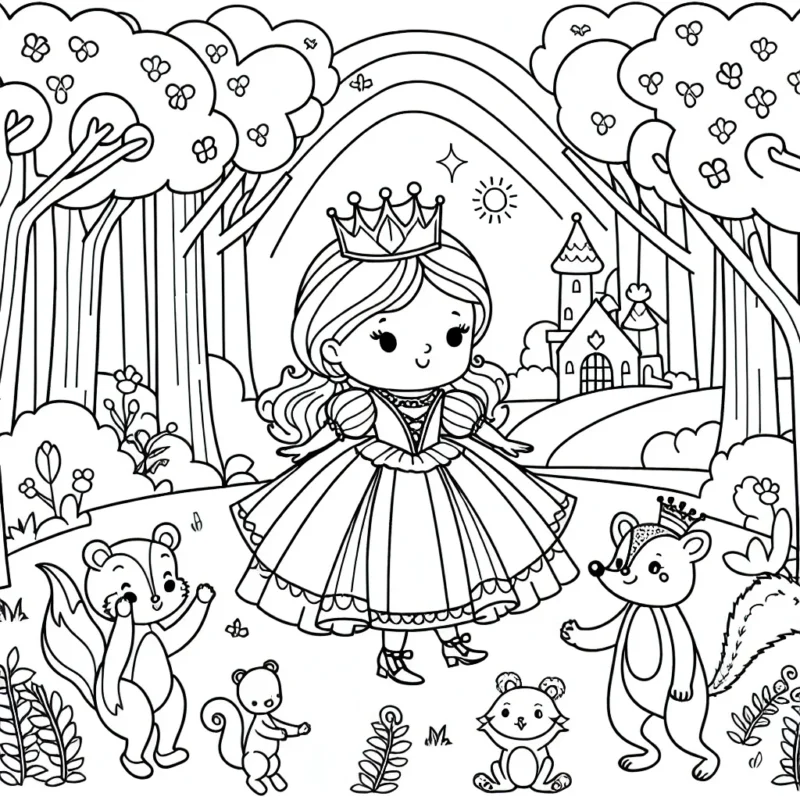 Un royaume enchanté avec une petite princesse jouant avec ses amis les animaux au milieu d'une forêt magique