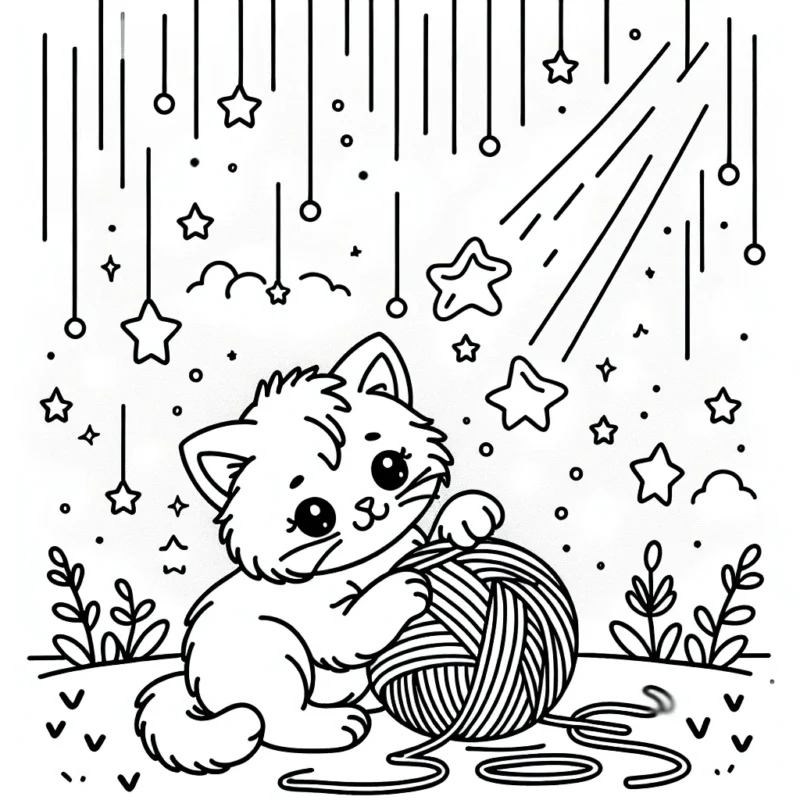 Un adorable chaton joue avec une pelote de laine sous une pluie d'étoiles filantes.