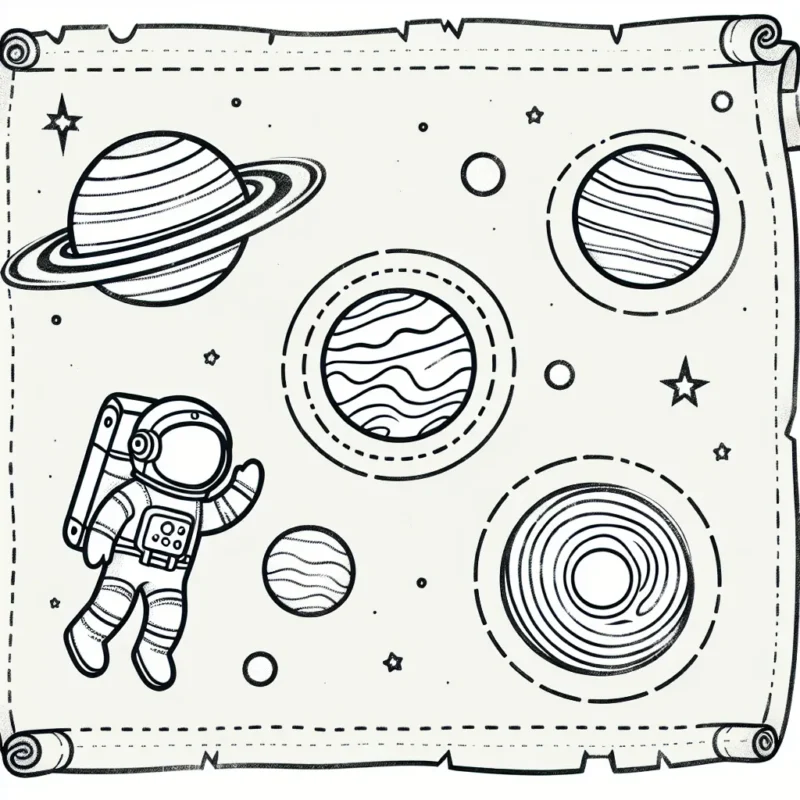Un parchemin avec trois cercles de planètes, chacune contenant un système solaire différent, et un astronaute flottant à côté en train d'observer les planètes.
