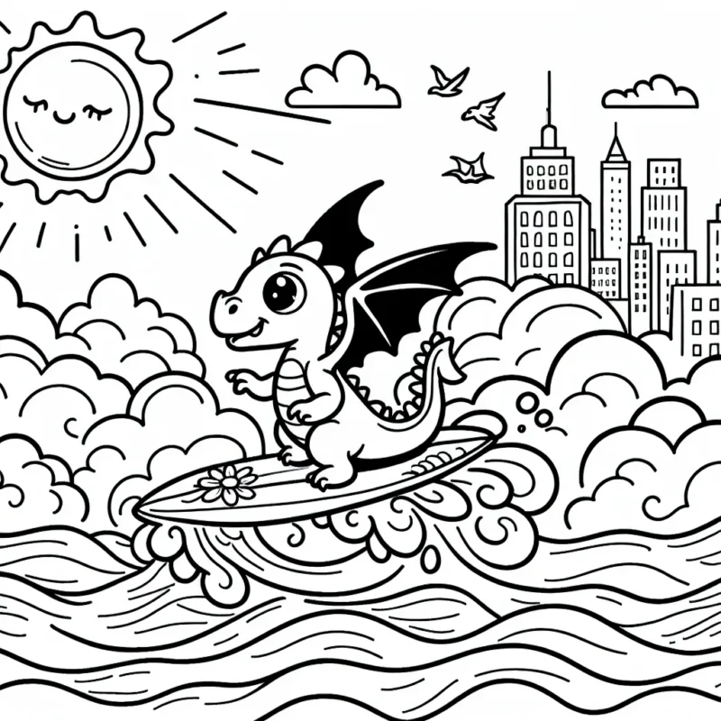 Un petit dragon s'envole sur une planche de surf magique dans les nuages au-dessus d'une ville ensoleillée