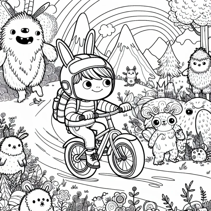 Un petit garçon très courageux, sur son vélo, traverse un décor fantastique rempli de créatures amicales.