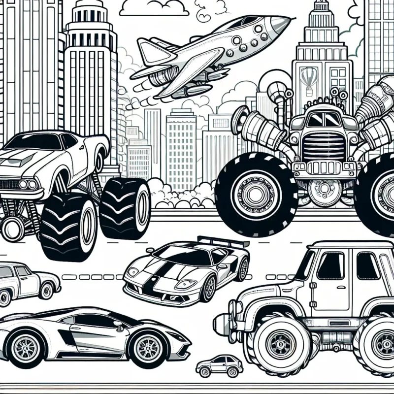 Un défilé de voitures fantastiques à travers une ville animée, comprenant une voiture de sport élégante, une voiture vintage classique, un gigantesque camion de monster truck et une voiture futuriste volante.