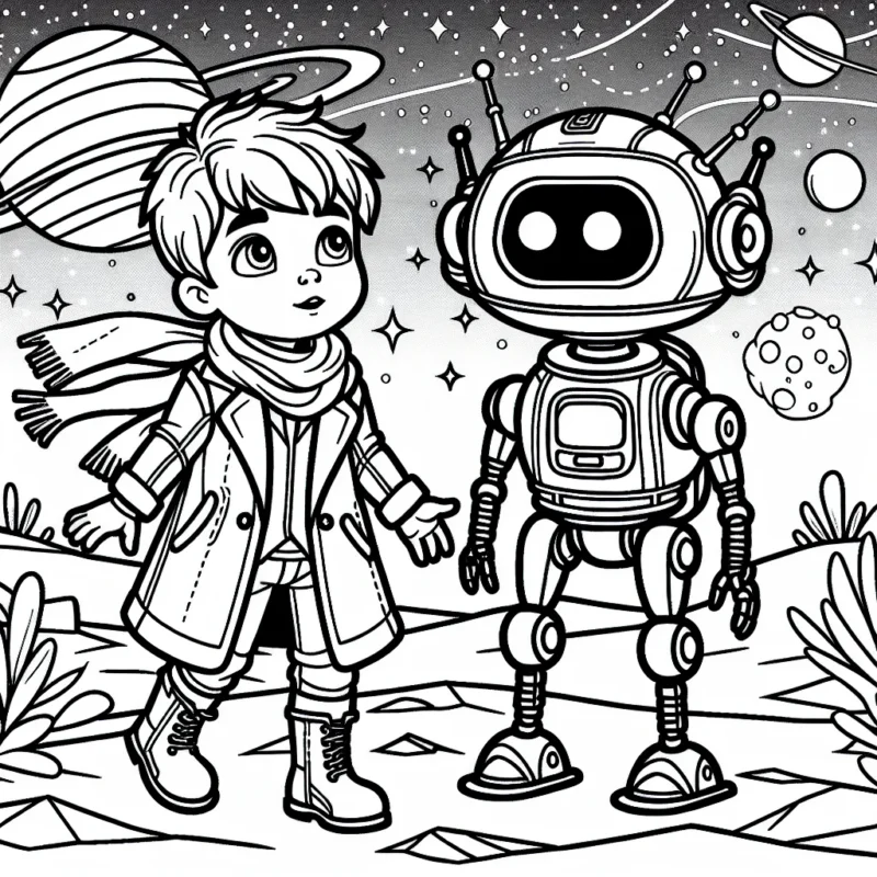 Voici un dessin d'un petit garçon courageux qui explore une planète lointaine avec son incroyable robot. Bon courage pour lui donner des couleurs vives et excitantes!