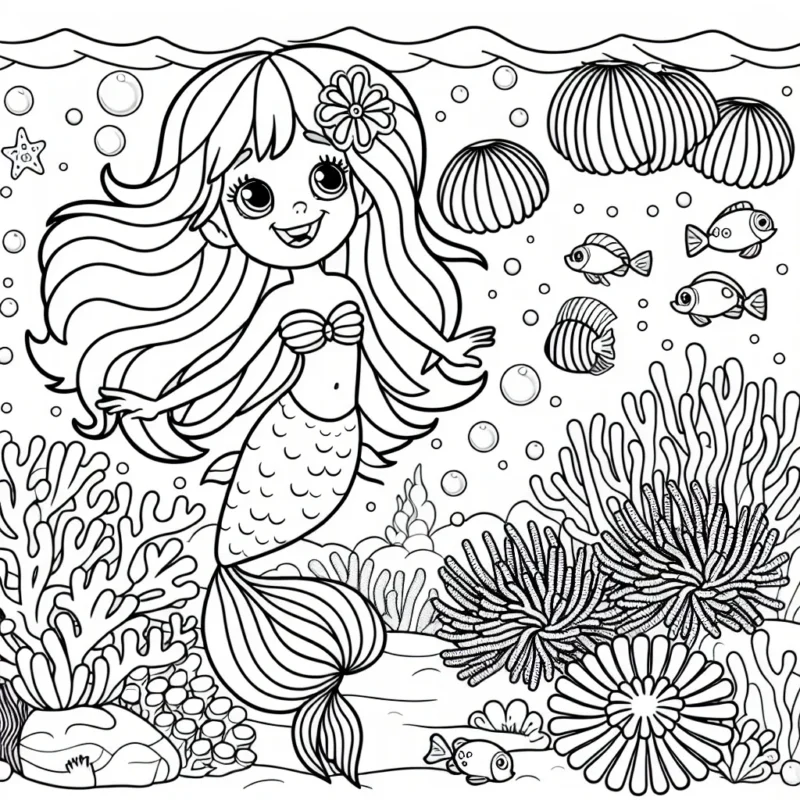 Dans un monde merveilleux au fond de l'océan, une petite sirène joue joyeusement avec ses amis les poissons colorés. Autour d'eux se trouve un beau récif corallien couvert d'anémones chatoyantes.