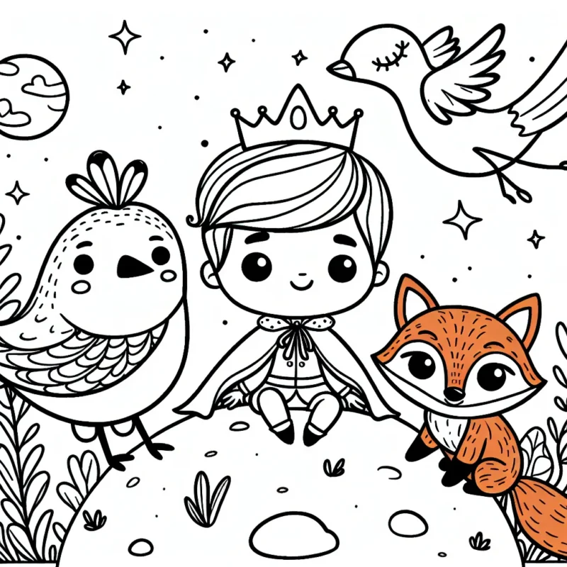 Un petit prince sur sa planète avec ses fidèles amis, l'oiseau multicolore et le renard roux