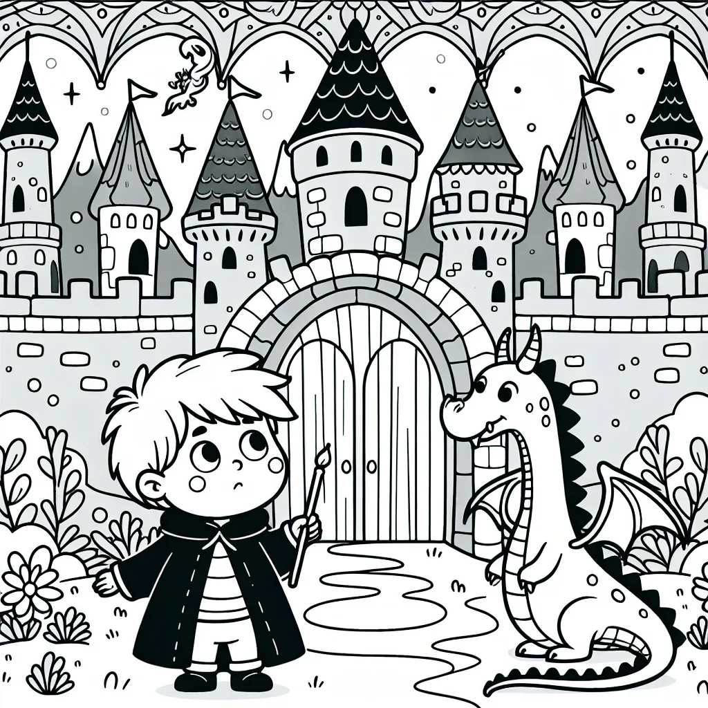 Un petit garçon qui explore un château enchanté avec son ami dragon.
