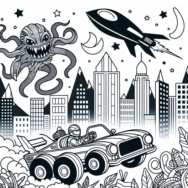 Imagine et colorie un super héros à bord de sa puissante voiture de course, combattant le monstre tentaculaire qui envahit la ville !