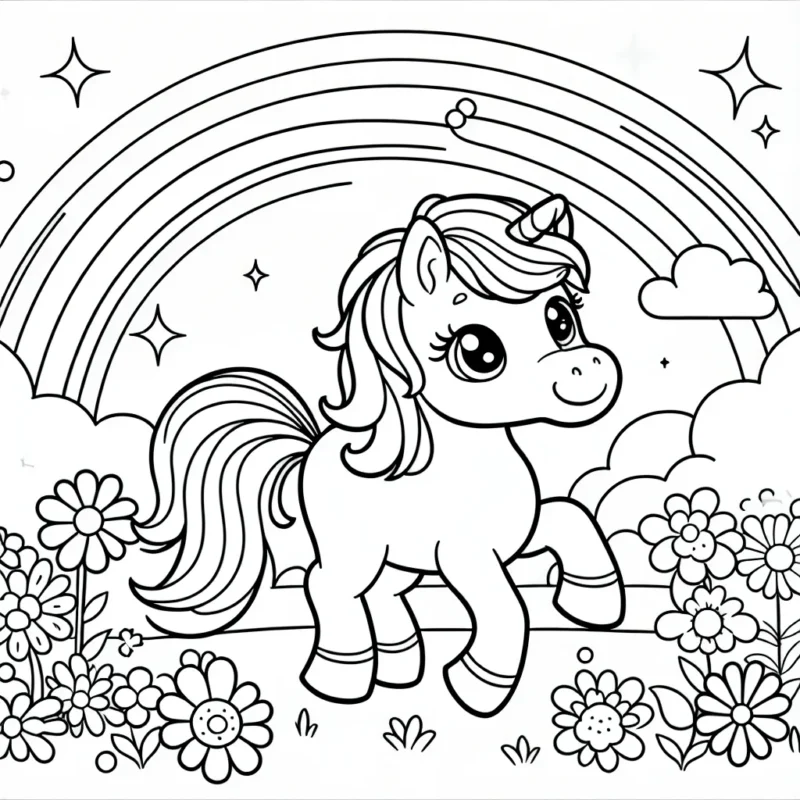 Dessine un doux poney à l'allure élégante se pavanant dans un pré fleuri, avec un magnifique arc-en-ciel illuminant le ciel.