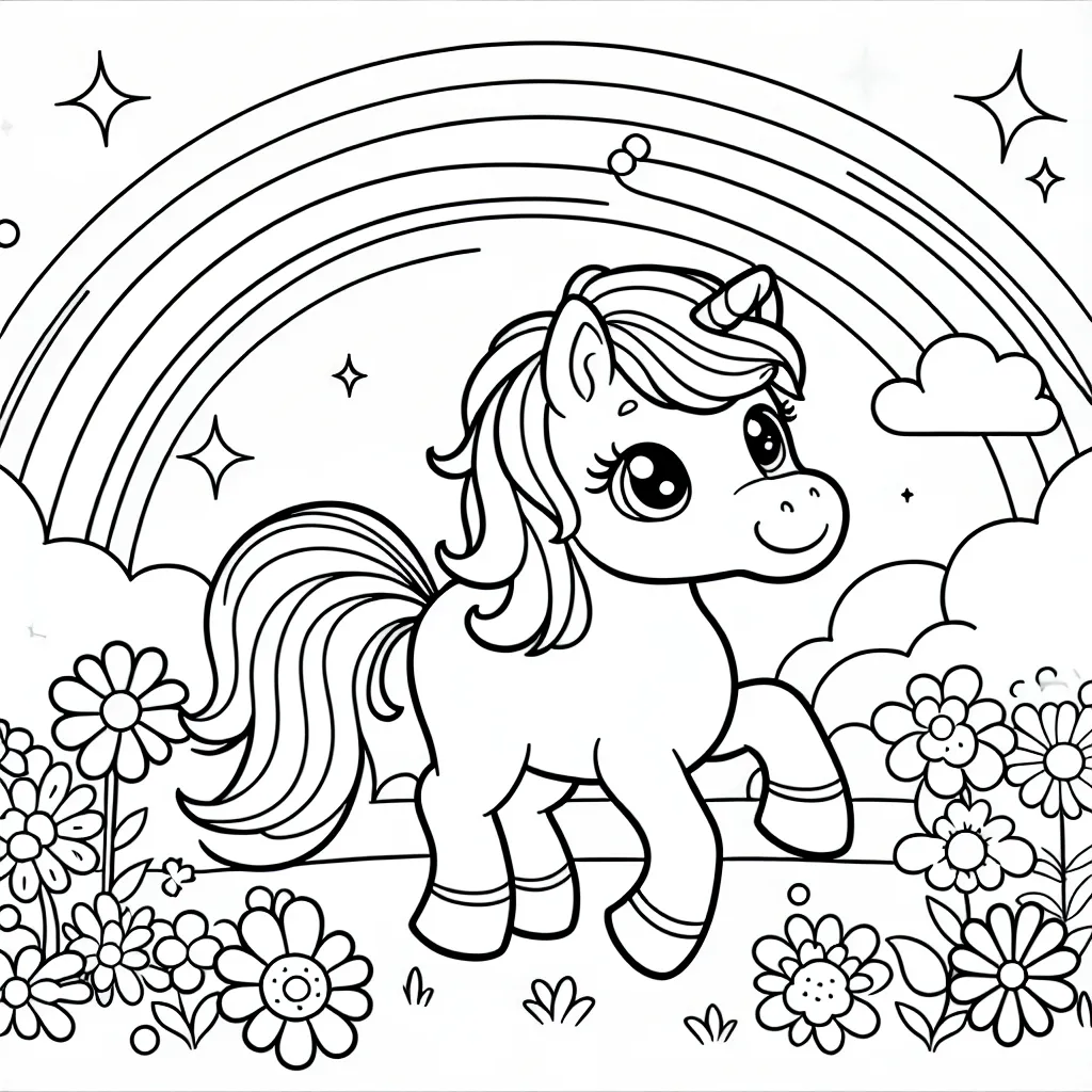 Dessine un doux poney à l'allure élégante se pavanant dans un pré fleuri, avec un magnifique arc-en-ciel illuminant le ciel.