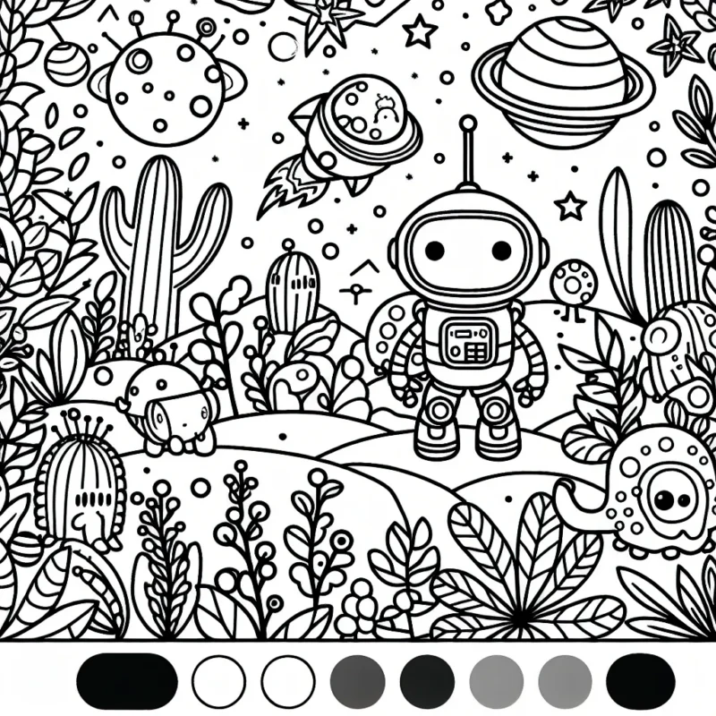 Un petit robot curieux explorant une planète pleine de plantes extraterrestres colorées et de créatures amicales.