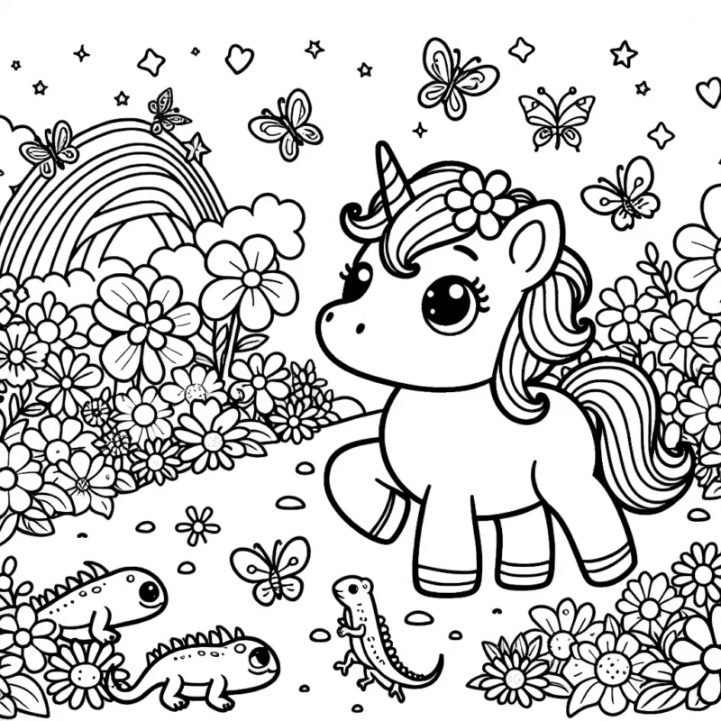 Lucie la licorne se promène dans un jardin féérique rempli de fleurs aux mille couleurs, de papillons magiques et de petits lézards aux écailles brillantes.