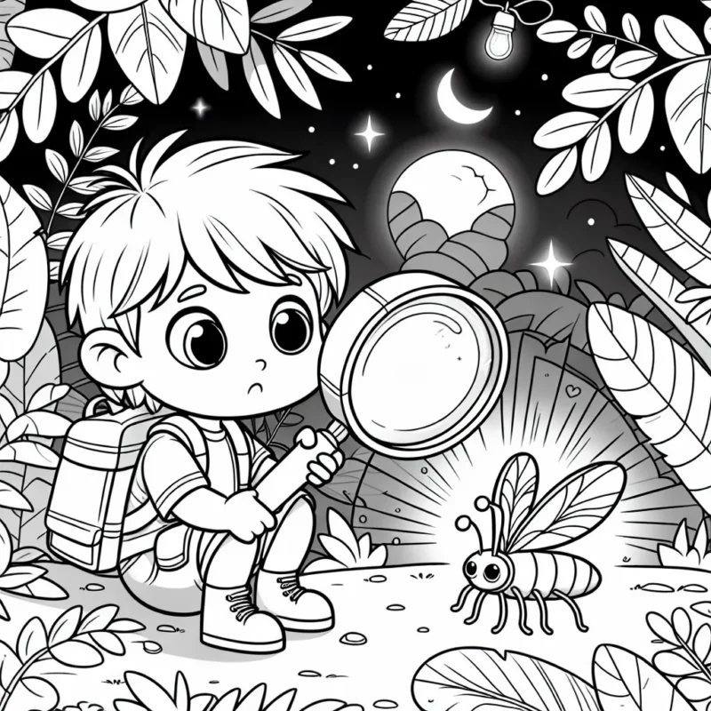 Un petit garçon à l'aventure en pleine jungle, armé d'une grande loupe, en train observer une luciole brillante