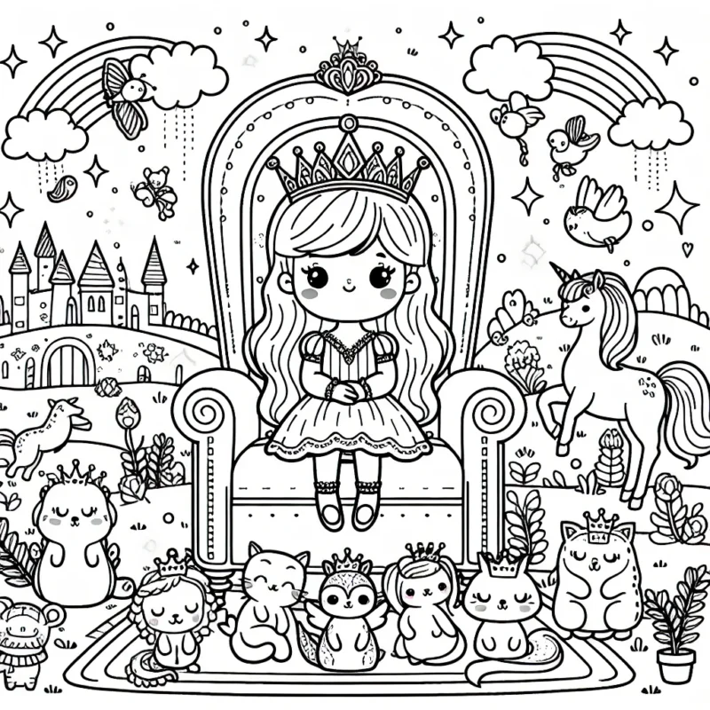 Une petite princesse assise sur son trône royal entourée d'animaux mignons dans son royaume enchanté.