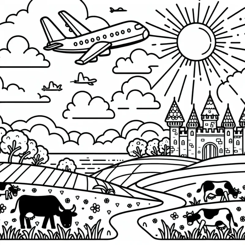 Un avion survole une bande de terre avec un château, des vaches broutent dans les champs environnants. Le soleil est au sommet, émettant ses rayons chaleureux. Des nuages ​​dodues ajoutent à la beauté de ce paysage serein.