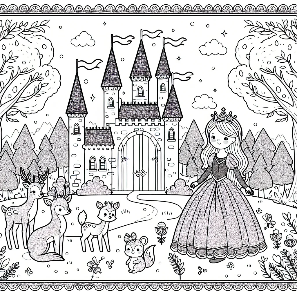 Dessine une jolie princesse à côté de son château féérique entourée de ses amis animaux de la forêt
