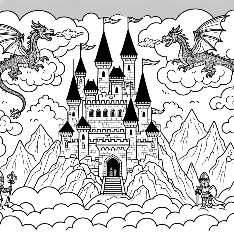 Imagine un grand château médiéval au sommet d'une montagne, entouré d'un mystérieux brouillard. Des dragons volent autour du château et les chevaliers se préparent pour le grand tournoi !