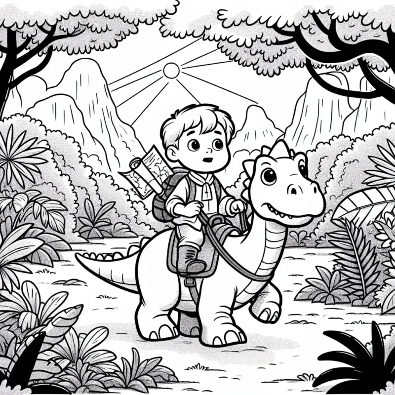 Un petit garçon courageux chevauche un dinosaure robuste à travers une jungle épaisse et mystérieuse, suivant une carte au trésor étincelante.