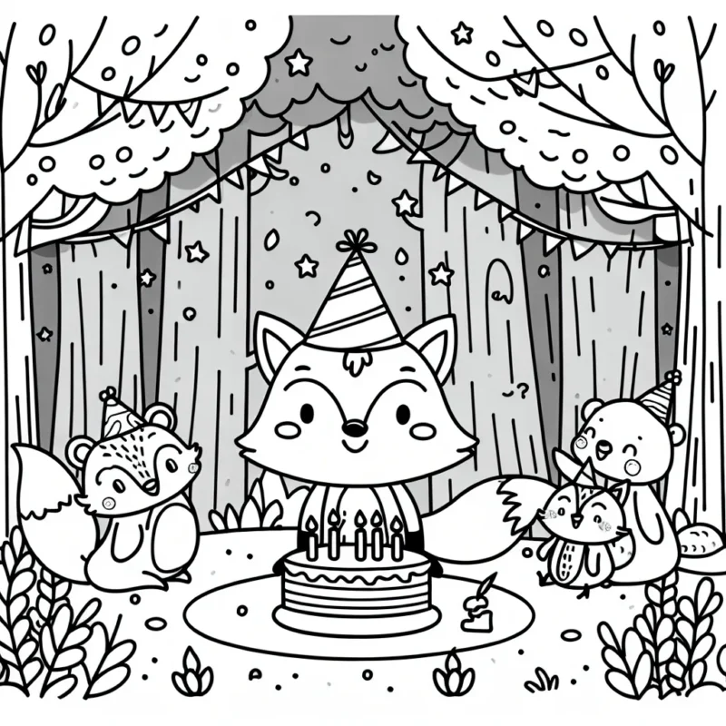 Un petit renard et ses amis animaux fêtent l'anniversaire dans la forêt enchantée