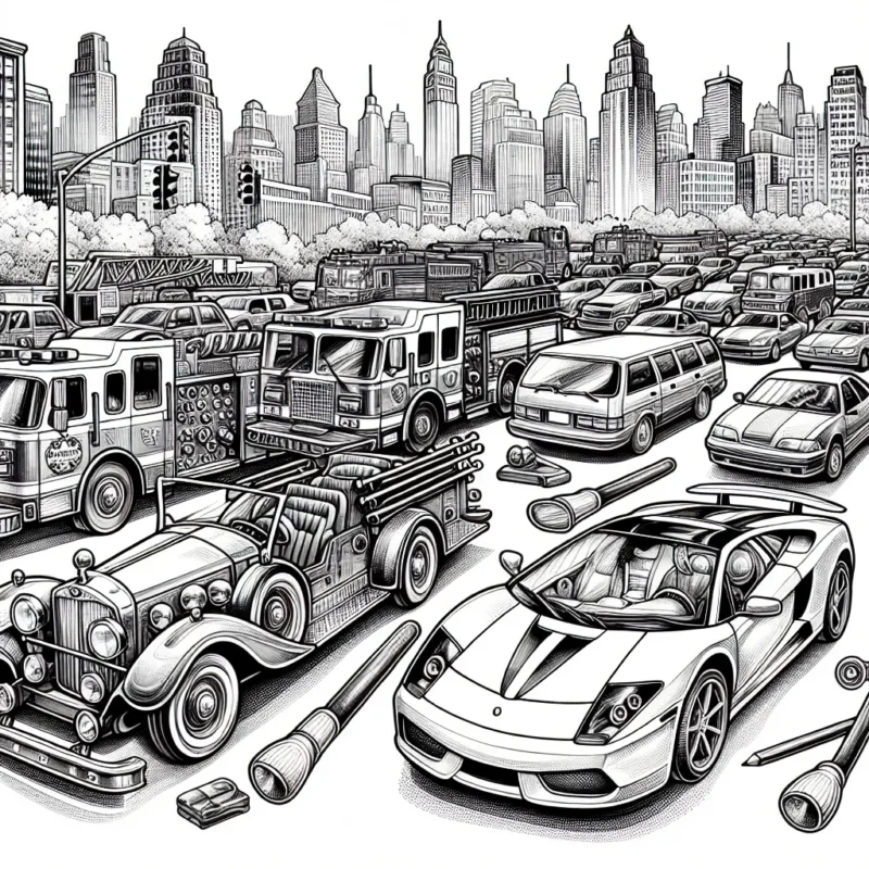 Imaginer une scène animée et vibrante : une parade de voitures détaillées parcourant une ville animée. Présenter différents types de voitures comme des voitures de sport, des voitures classiques, des camions de pompiers et des bus. Ajoutez des détails comme des bâtiments de ville, des feux de signalisation, des arbres, etc.