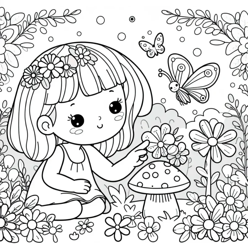 Une jeune fille avec des ailes de papillon jouant dans un jardin merveilleux rempli de fleurs et de champignons colorés, un papillon perché sur son doigt.