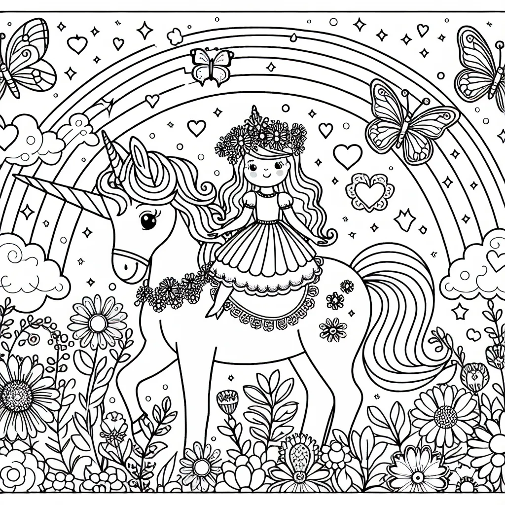 Une magnifique princesse avec sa licorne magique dans un jardin fleuri rempli de papillons et d'arc-en-ciel.