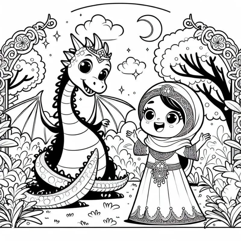 Une petite princesse jouant avec un dragon magique dans un jardin enchanté.