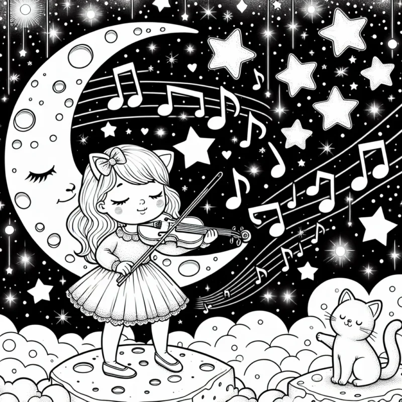 Dans une scène féerique, une petite fille joue du violon sur une lune en forme de fromage. Autour d'elle, des étoiles scintillantes, des nuages doux et des notes de musique dansent dans le ciel. Les chats mélomanes regardant le spectacle depuis leurs étoiles éparpillées dans le ciel.