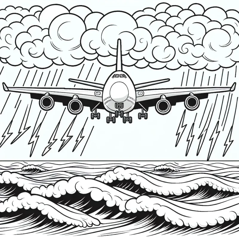 Dessine un avion cargo international survolant l'Océan Atlantique et contournant un orage. L'avion a deux ailes larges, équipées de trois réacteurs chacune. Sous l'avion, l'Océan Atlantique est agité par de grosses vagues. Un éclair zèbre le ciel nuageux présageant un orage imminent.