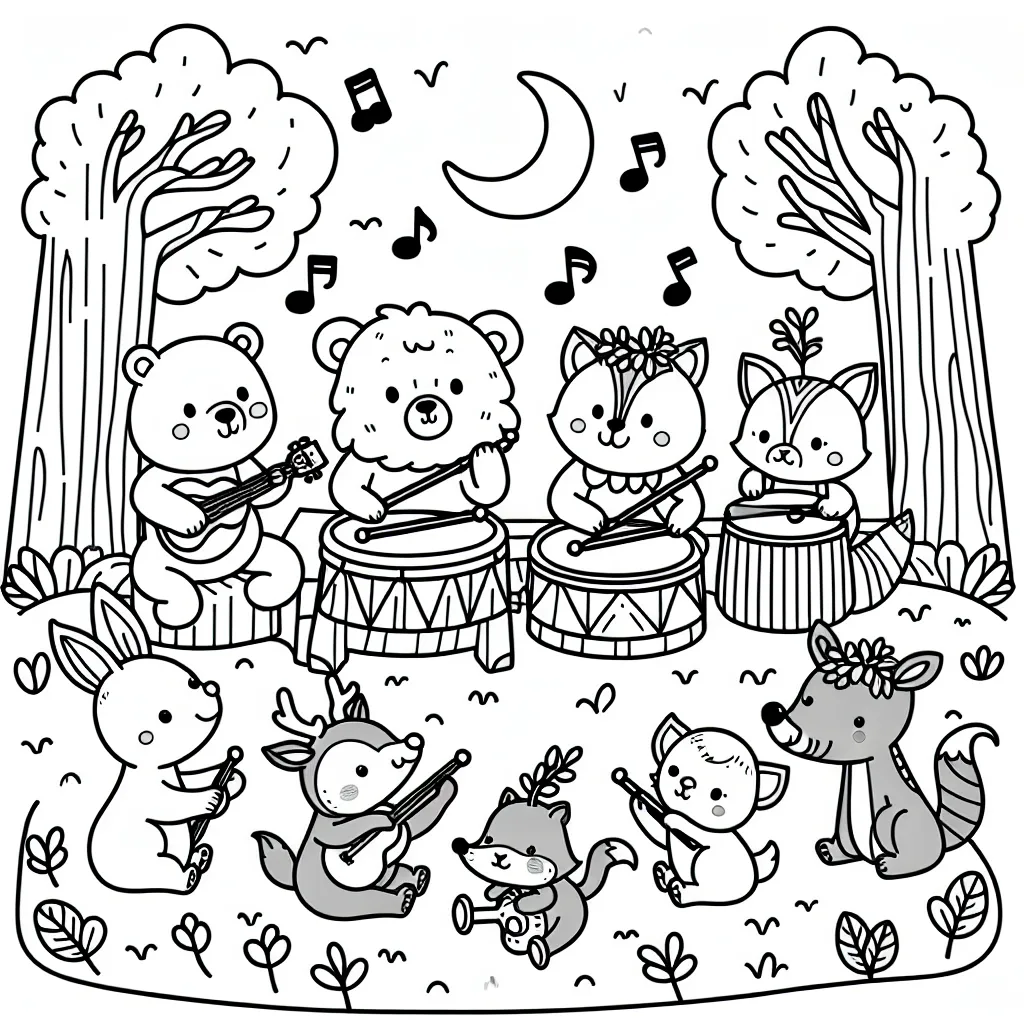 Un groupe d'animaux de la forêt jouant un concert de musique avec des instruments naturels