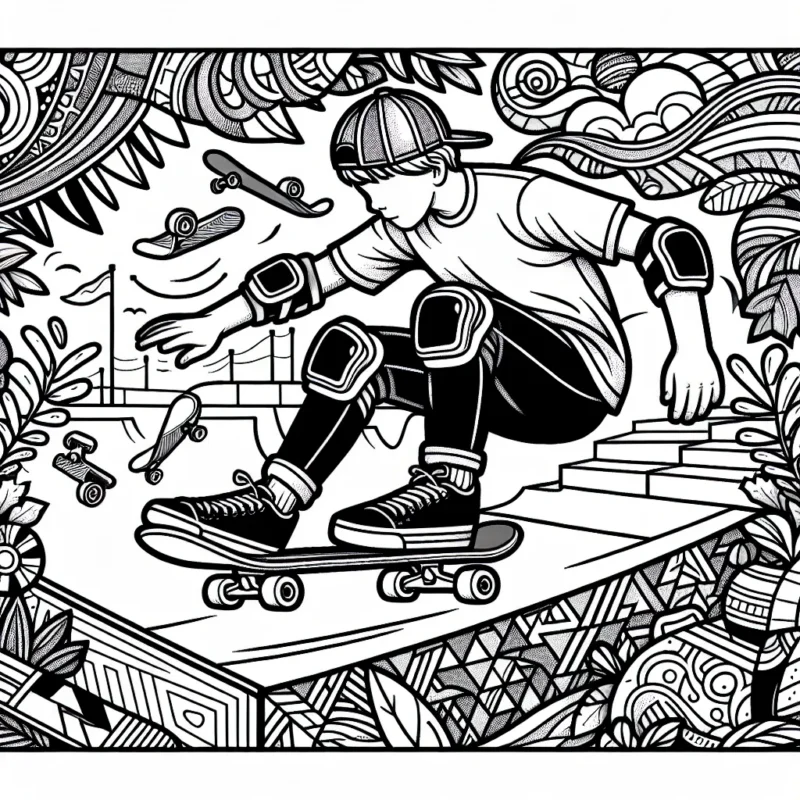 Dessine un skateur en pleine action dans un skate-parc vibrant et détaillé, avec plusieurs rampes, un demi-cylindre et d’autres skateurs en arrière-plan. N'oublie pas d'ajouter des détails tels que le casque, les protections de genoux et coudes, ainsi que les motifs sur le skate.