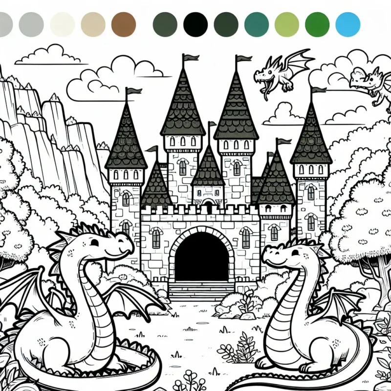 Un château médiéval entouré de dragons amicaux dans la forêt enchantée